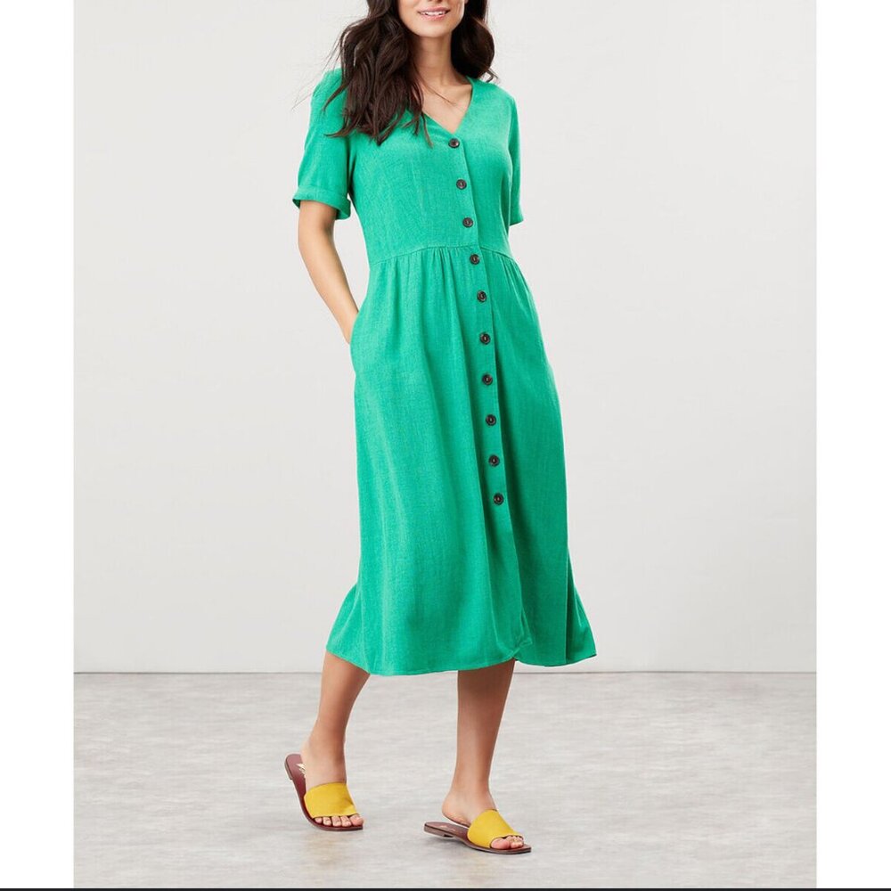 Joules Emily Linen Blend Midi Dress 12 Green Button Front Short Sleeve Pockets